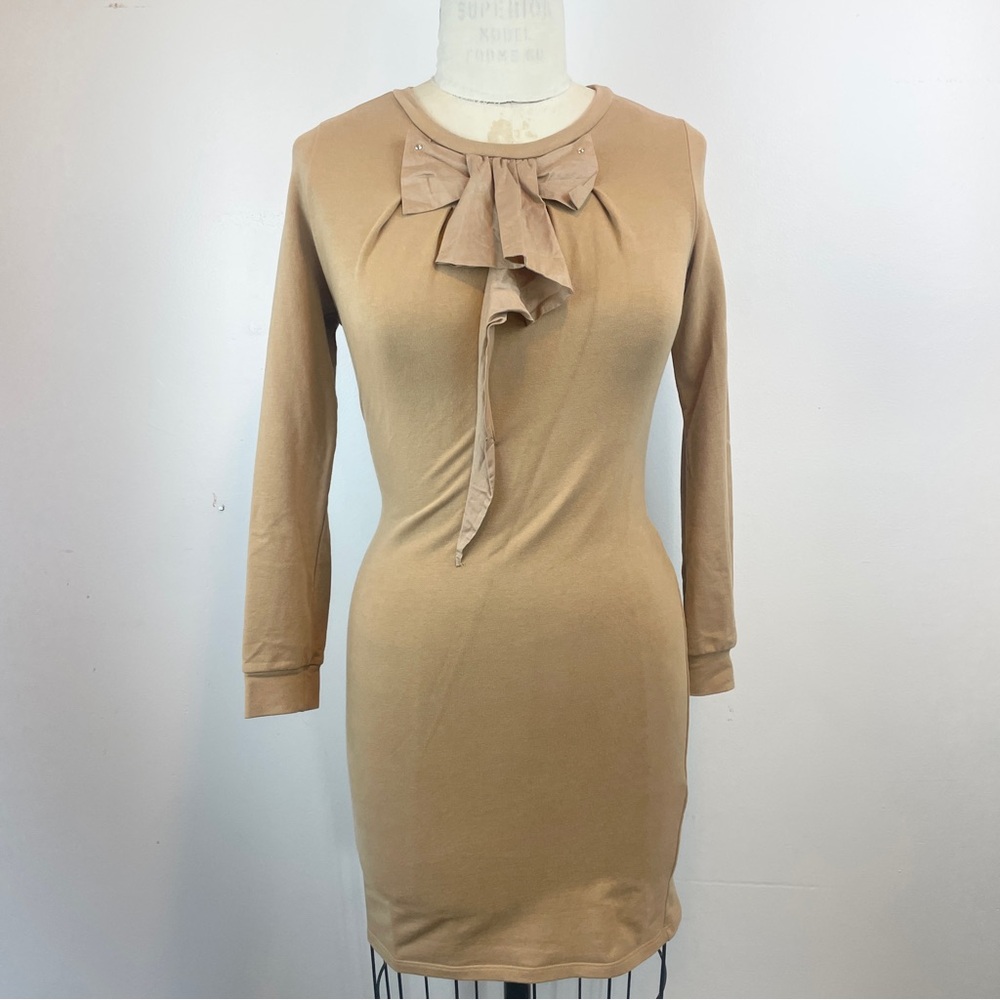 Y2K Chloe babydoll mini dress ditzy tan oversize bow stretch bodice beige cotton